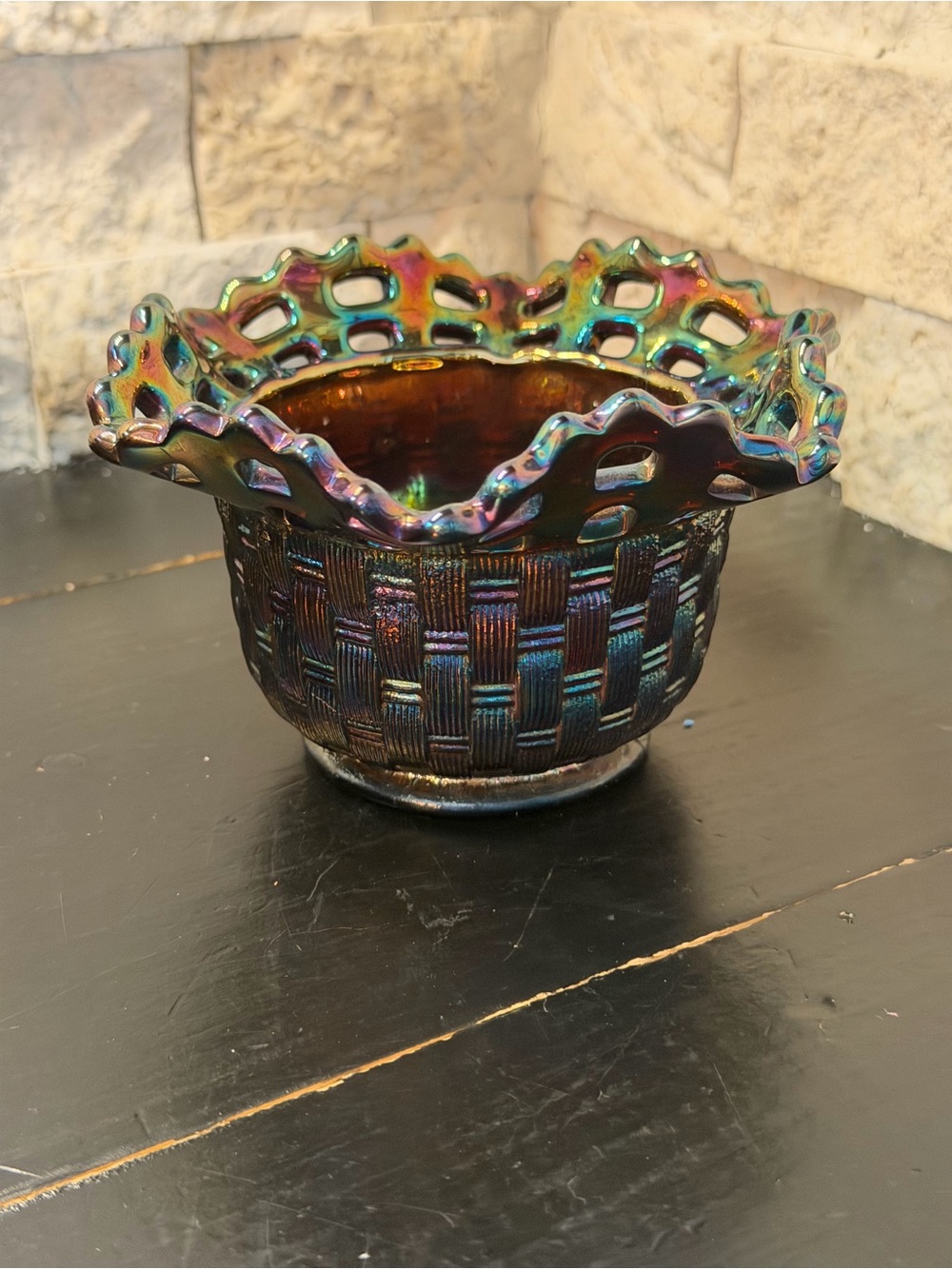 Vtg Fenton Iridescent Blackberry Carnival Glass Bowl Ruffled Edge Basket Weave